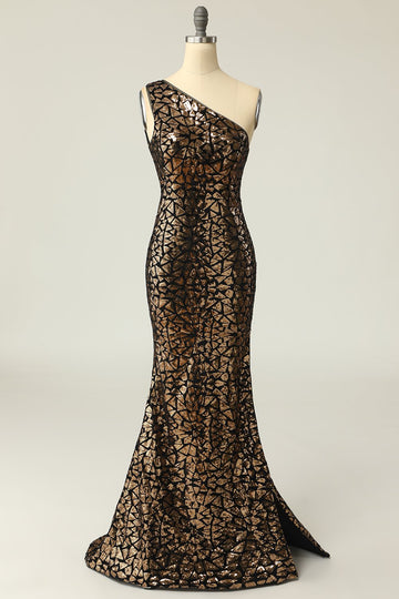 Mermaid One-Shouler Dark Gold Sequins Ball Dress